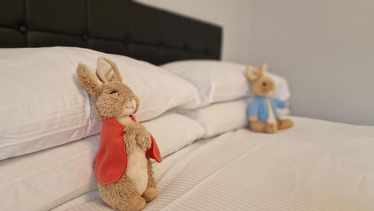 Peter Rabbit plushes on the bed